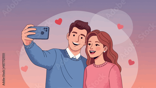 Happy young couple taking a romantic selfie together with a smartphone, surrounded by floating hearts on a gradient background.