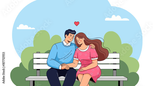 A loving couple sitting on a park bench, holding hands and embracing under a clear sky, symbolizing romance and affection.