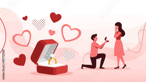 A man proposes to a woman with an engagement ring, surrounded by hearts in a romantic setting.