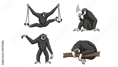 Monkey in Various Poses and Emotional States Illustrated in Simple Graphics