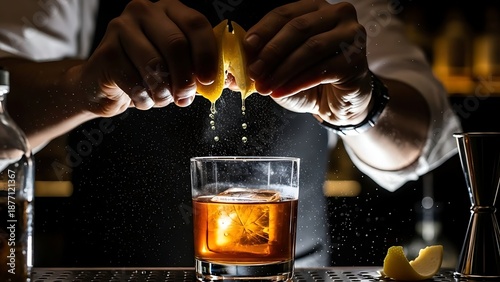 A Bartender Prepares a Classic Old Fashioned Cocktail with a Fresh Lemon Garnish and Large Ice Cube in a Dimly Lit Bar Environment