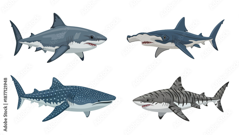 Fototapeta premium Four Diverse Shark Species Vector Set: Great White, Hammerhead, Whale, Tiger Sharks. Marine Predators Illustration.