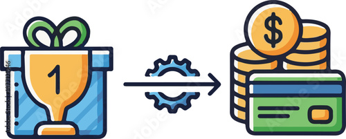 Colorful vector graphic showing a gift box with a trophy transforming through a gear into a stack of gold coins and a credit card. Represents rewards and financial conversion.