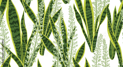A seamless botanical pattern of green snake plants and delicate white flowering stems on a clean, bright white background.