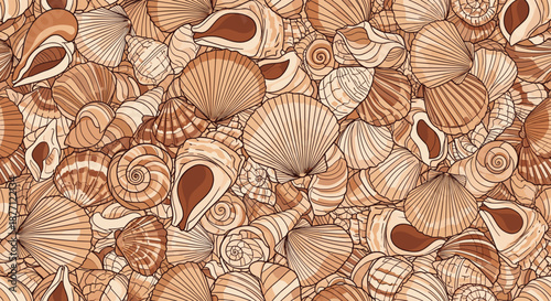 A dense and detailed seamless pattern of assorted seashells in shades of brown and beige, creating a rich beach-themed texture.
