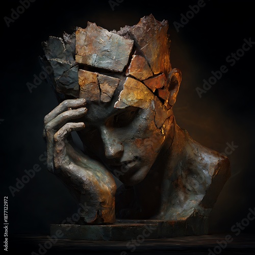 a fragmented statue slowly connecting its pieces together, warm atmosphere, emotional storytelling, artistic realism 