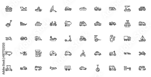 Transportation icon set. Vehicle vector collection. Includes tram, sleigh, boat, train, truck, airplane, bicycle and more. Editable stroke.