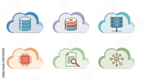 Cloud Computing Icons: Database, Server, CPU, Document, Network