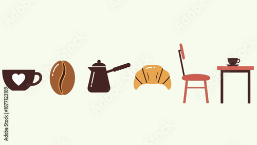 Coffee Break: Cup, Bean, Turkish Coffee Pot, Croissant, Chair, Table