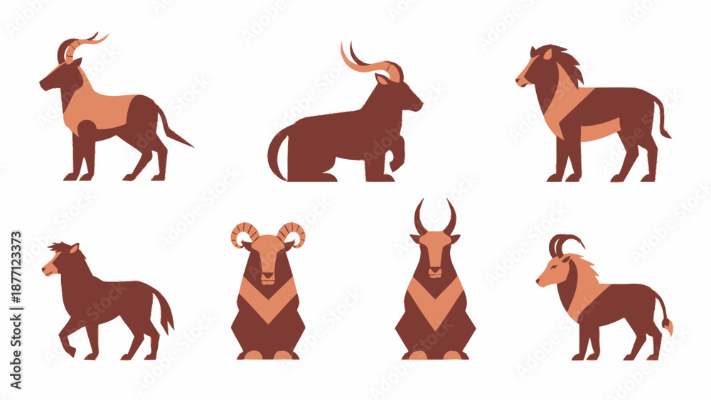 Fototapeta premium Collection of Stylized Farm and Wild Animals Vector Illustrations