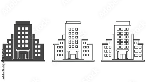 Three stylized illustrations of a multi-story building facade.
