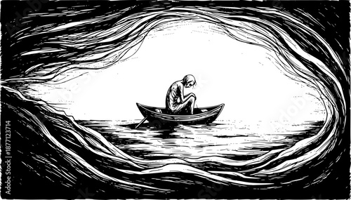 Bleak voyage: An etching-style illustration of fragility and iso
