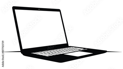 A black laptop computer is open with a blank white screen and keyboard on a white background.