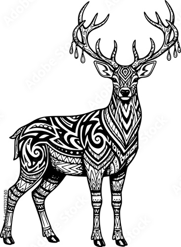 Vintage Inspired Engraving Illustration: Deer and Tribal Totem,
