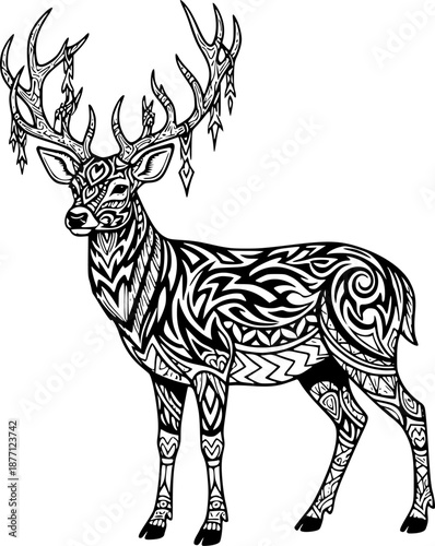 Vintage Inspired Engraving Illustration: Deer and Tribal Totem,
