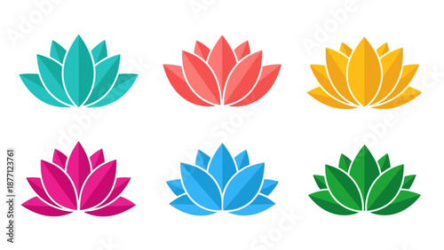 Colorful Lotus Flower Icons Set, Symbolizing Purity, Enlightenment, and Rebirth