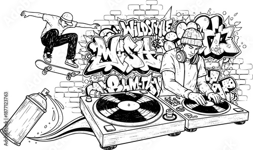 Retro Urban Culture Engraving: Skateboarder, Roller Skater, DJ,
