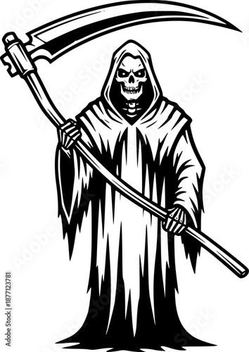 Monochrome depiction of a skeletal reaper figure wielding a scyt

