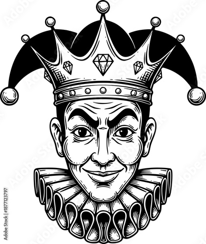Engraved jester artwork wearing a crown and diamonds, festive ce
