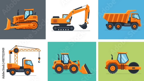 Construction Equipment Icons: Bulldozer, Excavator, Dump Truck, Crane, Loader, Roller