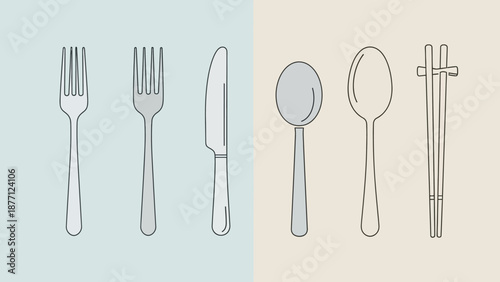 Cutlery Set Icons: Forks, Knife, Spoons, and Chopsticks on Split Background