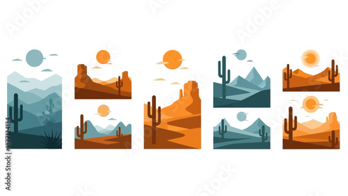 Desert Landscape Collection: Cacti, Mountains, Sun - Flat Design