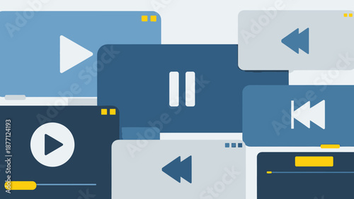Digital Media Playback Controls: Play, Pause, Rewind Icons on Screens