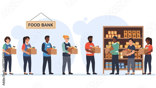 Diverse volunteers distributing food boxes at community food bank