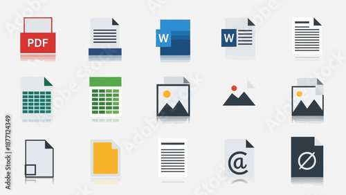 Document Icons Set: PDF, Word, Excel, Image, Email, Settings