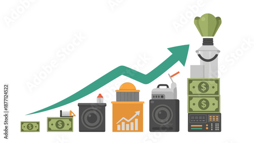 Financial Growth Concept: Stacked Money, Speakers, and Upward Trend Arrow