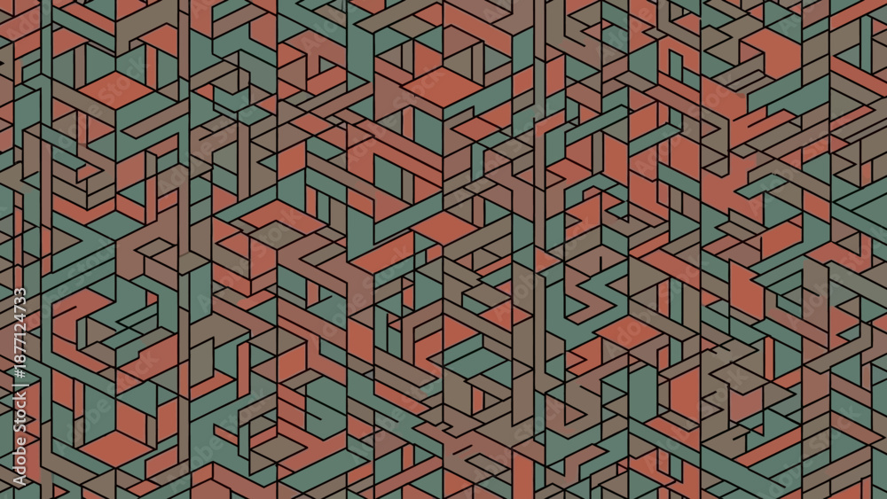 Obraz premium Geometric Abstract Pattern: Isometric Lines, Teal and Coral