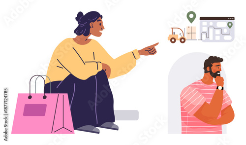 E-commerce, logistics, delivery tracking, online retail, shipment planning, consumer habits. Woman with shopping bag points to delivery process while a man observes tracking icon. E-commerce