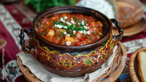 Vegetable stew served in rustic ceramic pot on festive table. A warm homemade dinner in cozy cafe