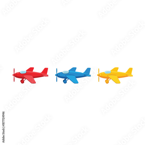 Three Toy Airplanes Red Blue Yellow Isolated on White.