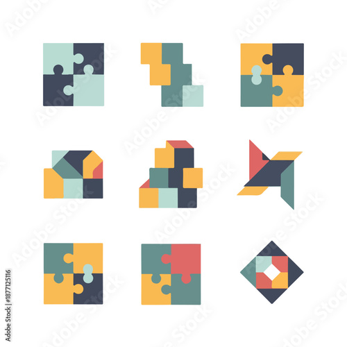 Puzzle pieces set colorful abstract geometric shapes.