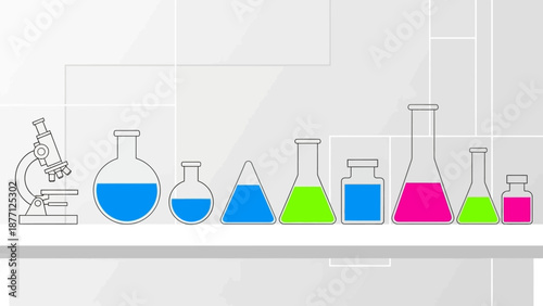 Laboratory glassware and microscope in a science research setting, bright colors