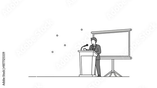 Man giving presentation at podium with projector screen, line art style