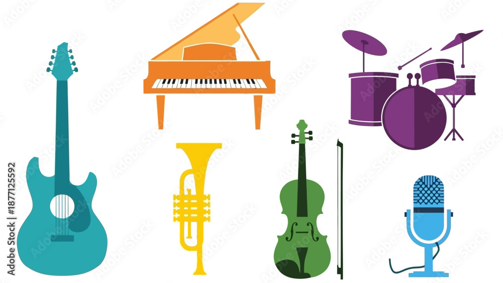 Naklejka premium Musical Instruments Collection: Guitar, Piano, Drums, Violin, Trumpet, Microphone