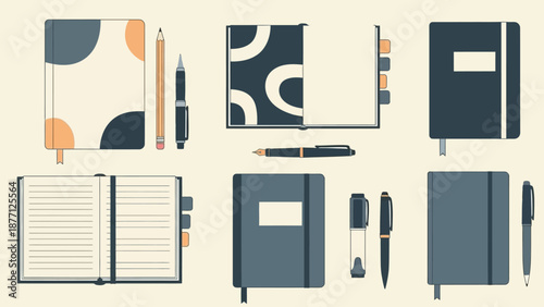 Modern Notebooks and Pens Flat Lay Top View, Minimalist Office Supplies