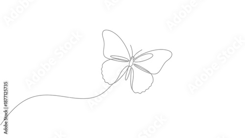 A single continuous line drawing of a butterfly in flight on a white background.