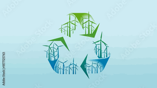 Recycling symbol with wind turbines, renewable energy concept