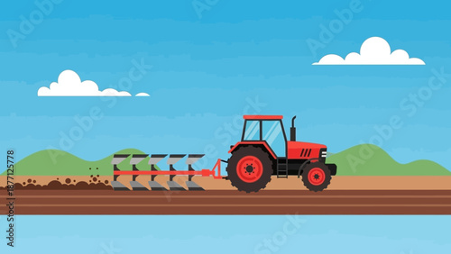 Red Tractor Plowing Field, Agricultural Farming, Rural Landscape Activity