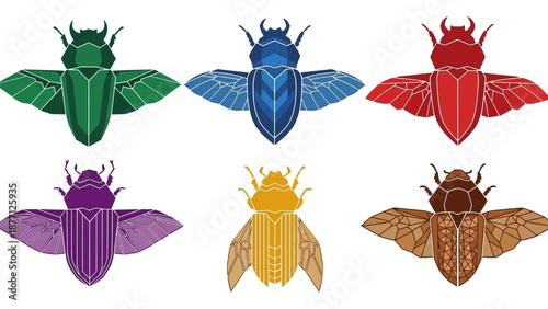 Set of Colorful Geometric Scarab Beetles vector illustration