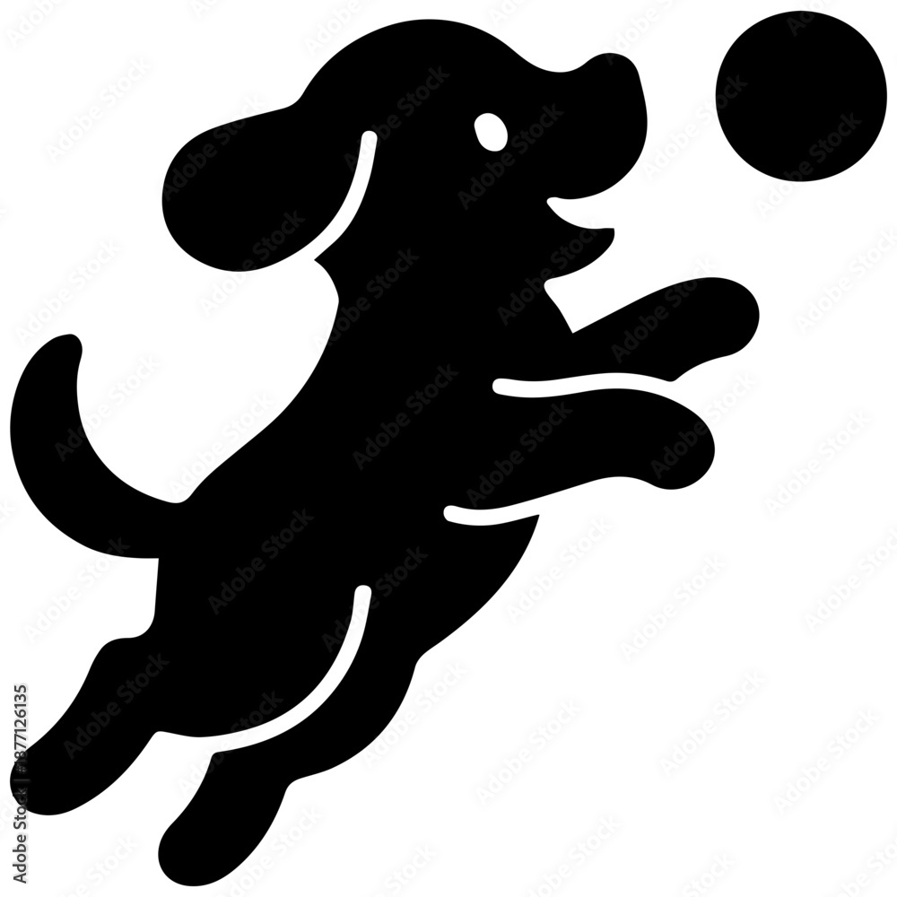 Obraz premium Playful Black Silhouette Dog Jumping for Ball, Fun Pet Action, Minimalist Vector Icon
