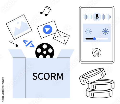 E-learning, digital content delivery, SCORM integration, smart home systems, multimedia technology, online education. Box labeled SCORM with digital elements, coins smart interface. E-learning