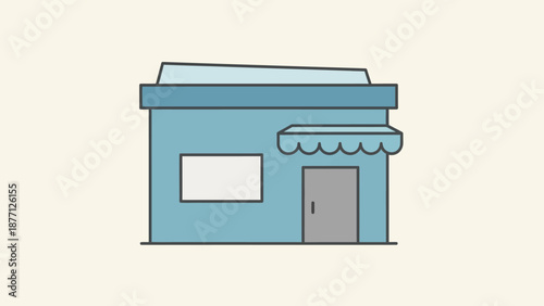 Simple Cartoon Building Exterior, Blue Storefront with Awning and Door