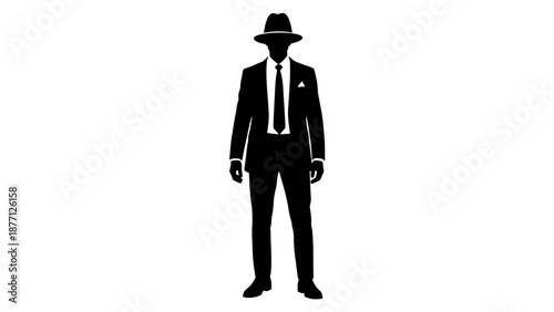 Silhouette of a man in a suit and fedora hat, standing confidently