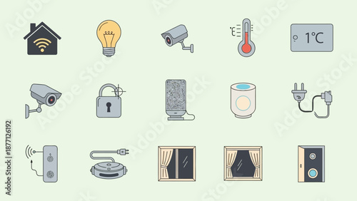 Smart Home Technology Icons: Security, Comfort, Automation, and Connectivity