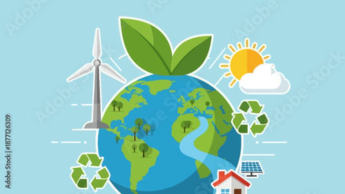 Sustainable Earth Planet with Renewable Energy Sources and Green Leaves
