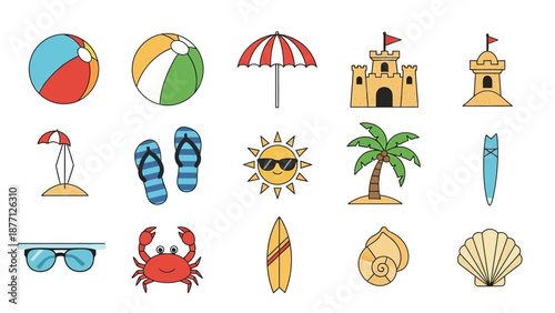 Summer Beach Vacation Icons Collection: Sun, Sandcastle, Palm Tree, Surfboard, Crab